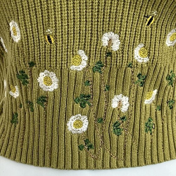 Cider XL Knit Floral Crop Tank Top Olive Green Bees Flower Garden Cottagecore - Picture 7 of 11